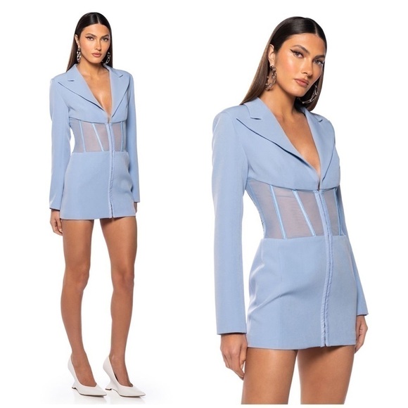 Akira Light Blue Corset Sheer Mesh Panel Blazer Mini Dress Plunge Neck Size XL - Picture 2 of 6